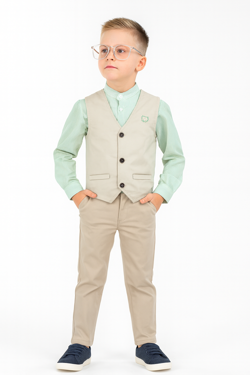 3'lü Set Erkek Çocuk Gabardin Yelek & Pantolon & Dokuma Gömlek - Casabony Kids