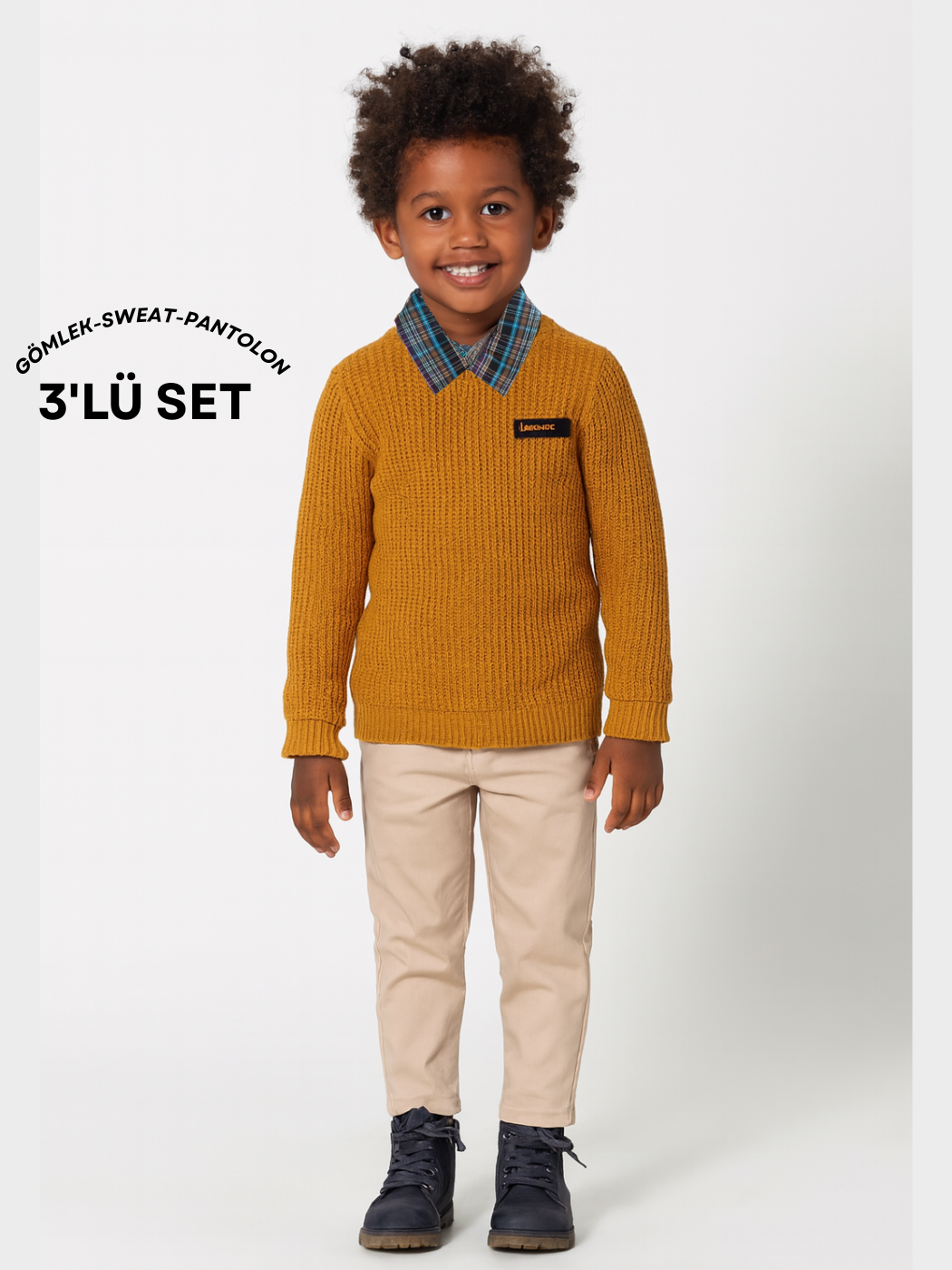 3'lü Set Hardal Triko Sweat & Pantolon & Gömlek Erkek Çocuk Takım - Casabony Kids