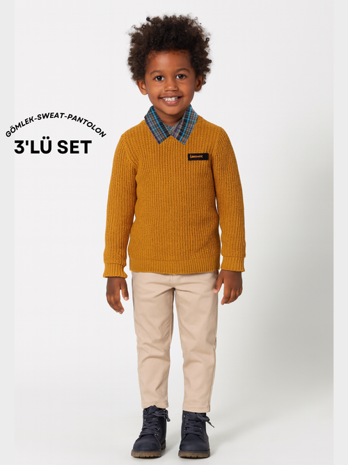 3'lü Set Hardal Triko Sweat & Pantolon & Gömlek Erkek Çocuk Takım - Casabony Kids
