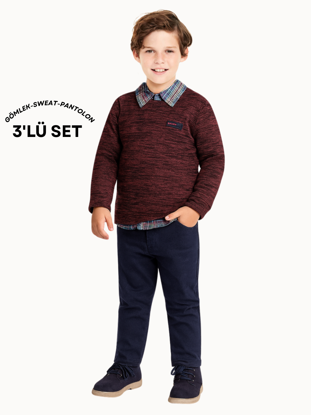 3'lü Set Triko Sweat & Pantolon & Gömlek Erkek Çocuk Takım - Casabony Kids