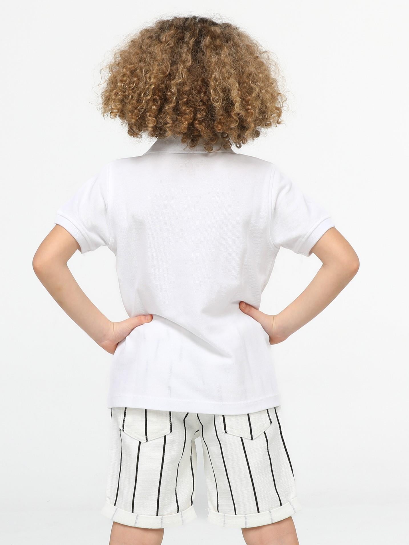 Beyaz Çizgi Desenli Polo T-shirt - Casabony Kids