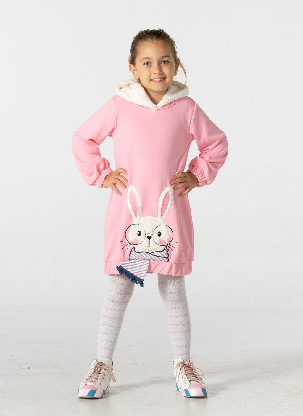 Bunny Soft Kapişonlu Pembe Kız Çocuk Elbise - Casabony Kids
