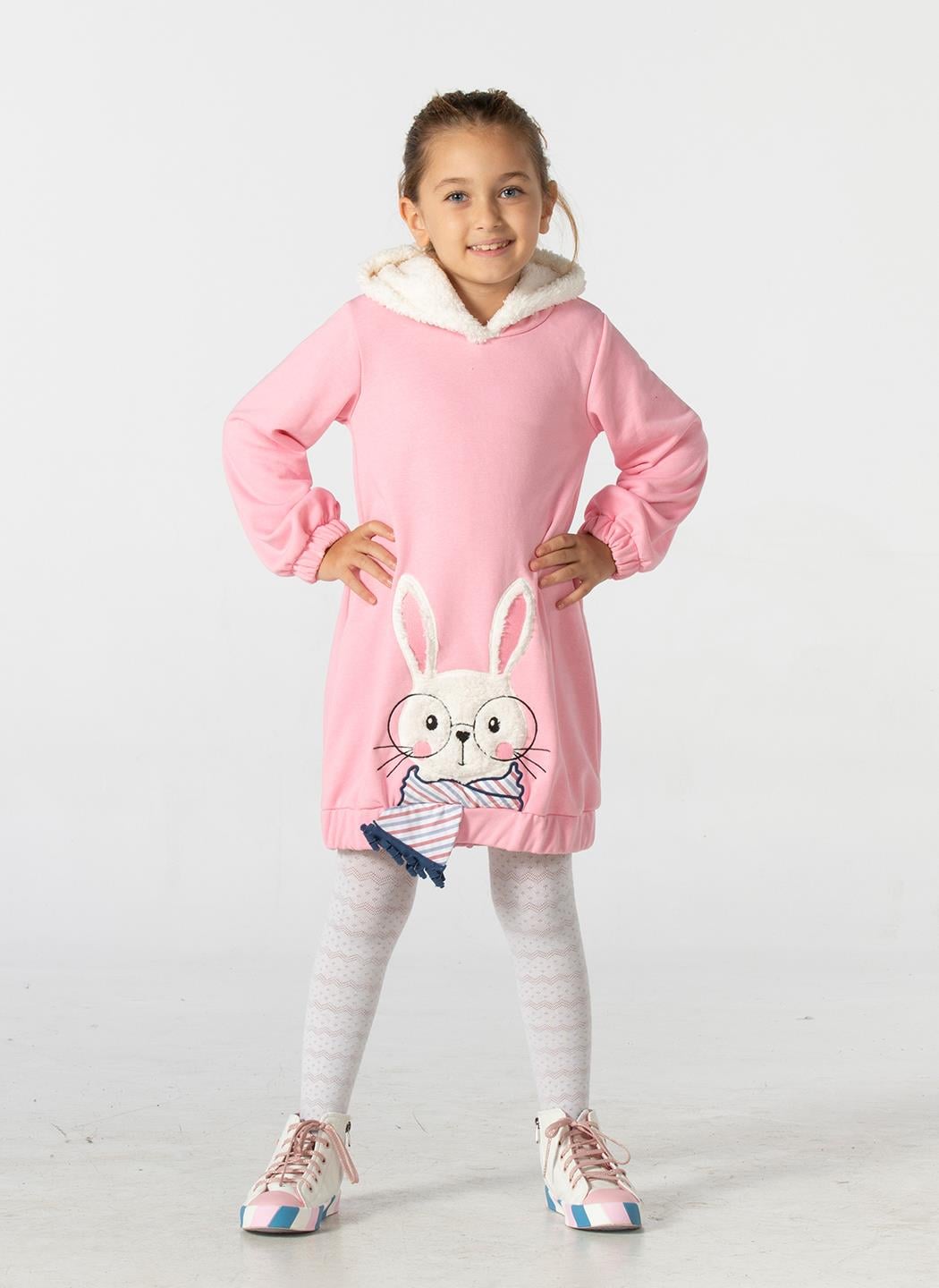 Bunny Soft Kapişonlu Pembe Kız Çocuk Elbise - Casabony Kids