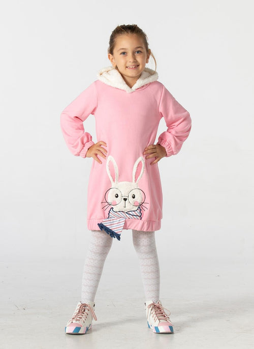 Bunny Soft Kapişonlu Pembe Kız Çocuk Elbise - Casabony Kids