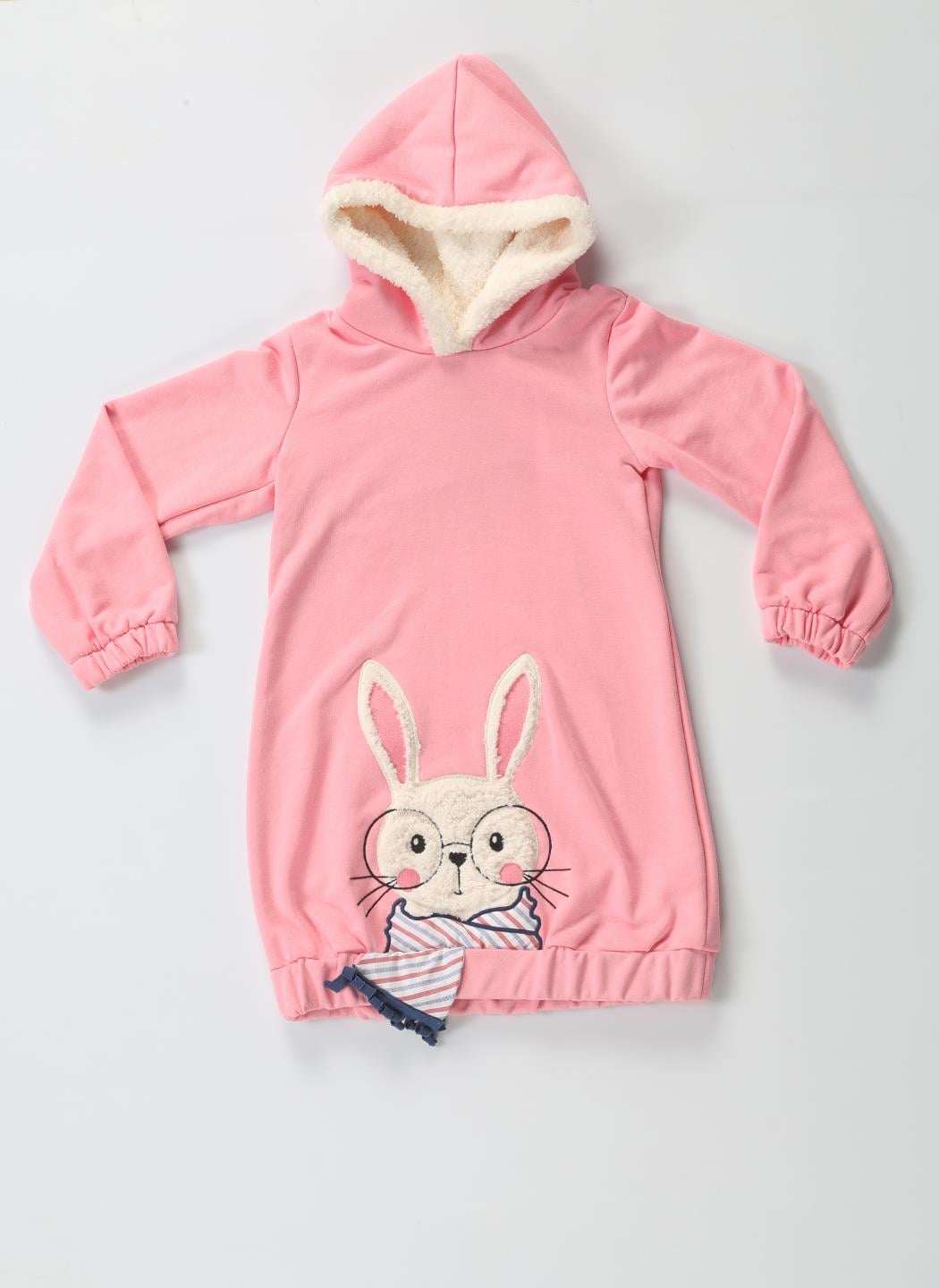 Bunny Soft Kapişonlu Pembe Kız Çocuk Elbise - Casabony Kids