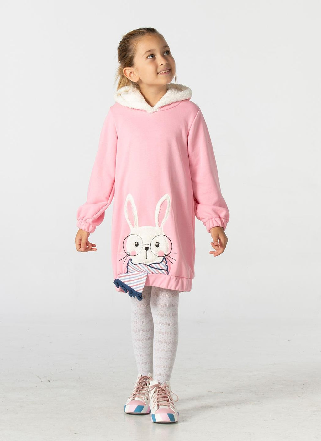 Bunny Soft Kapişonlu Pembe Kız Çocuk Elbise - Casabony Kids