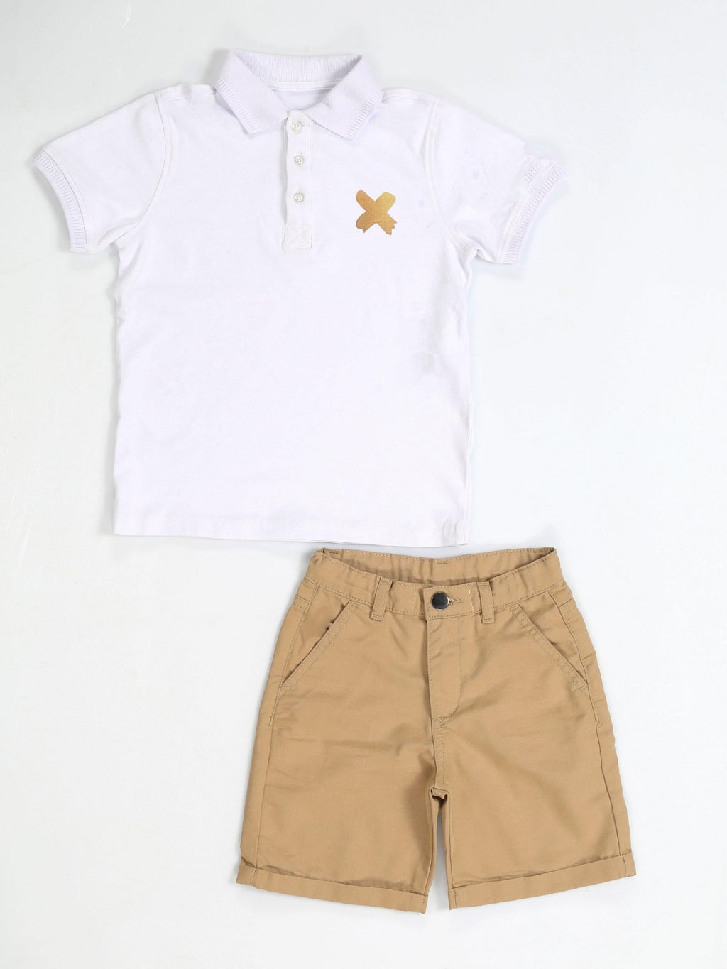 Casa Bej Gabardin Şort + Polo Tshirt Takım - Casabony Kids