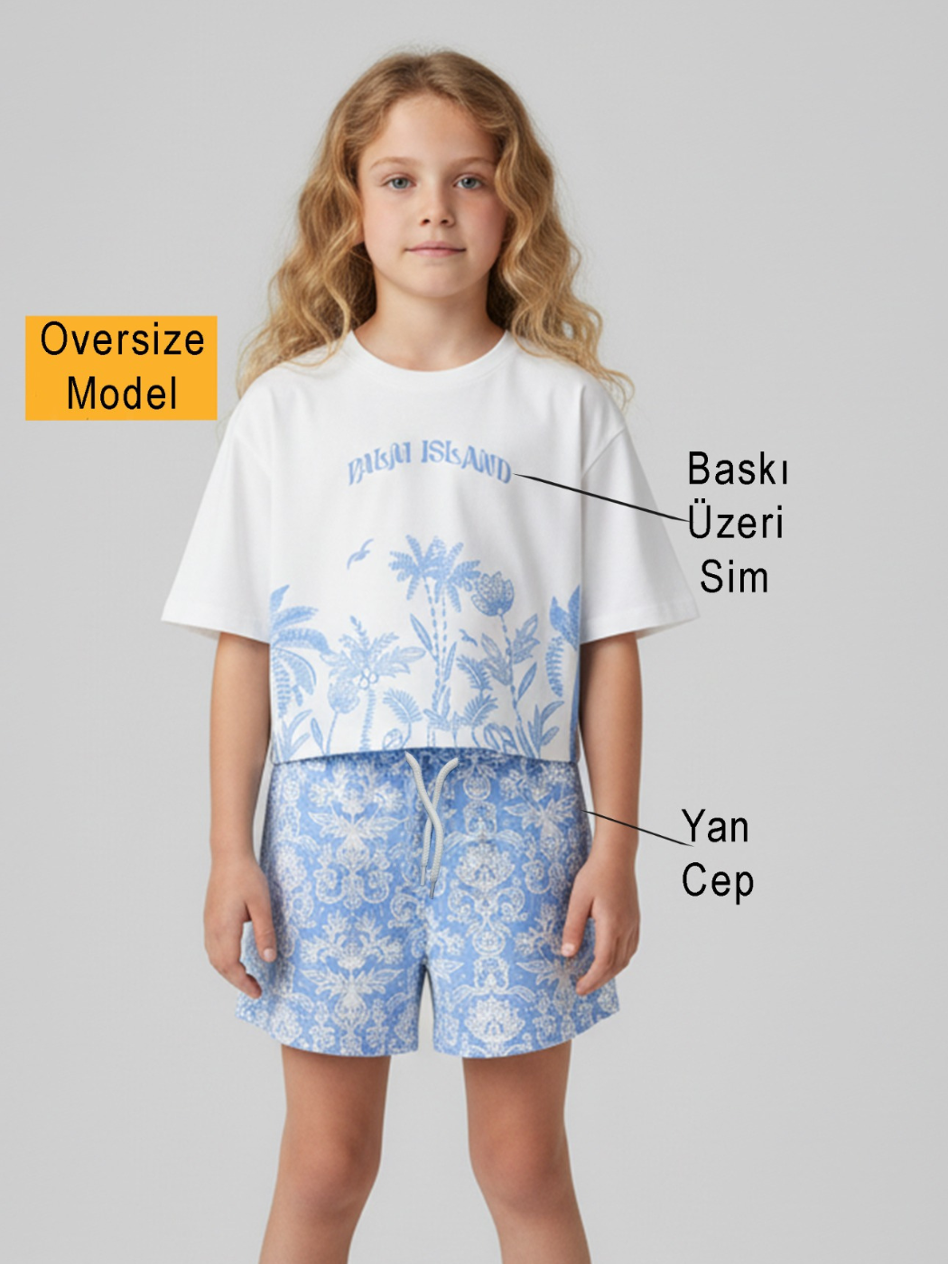 Çiçek Baskılı Mavi Şort & T-shirt Takım - Casabony Kids