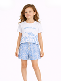 Çiçek Baskılı Mavi Şort & T-shirt Takım - Casabony Kids