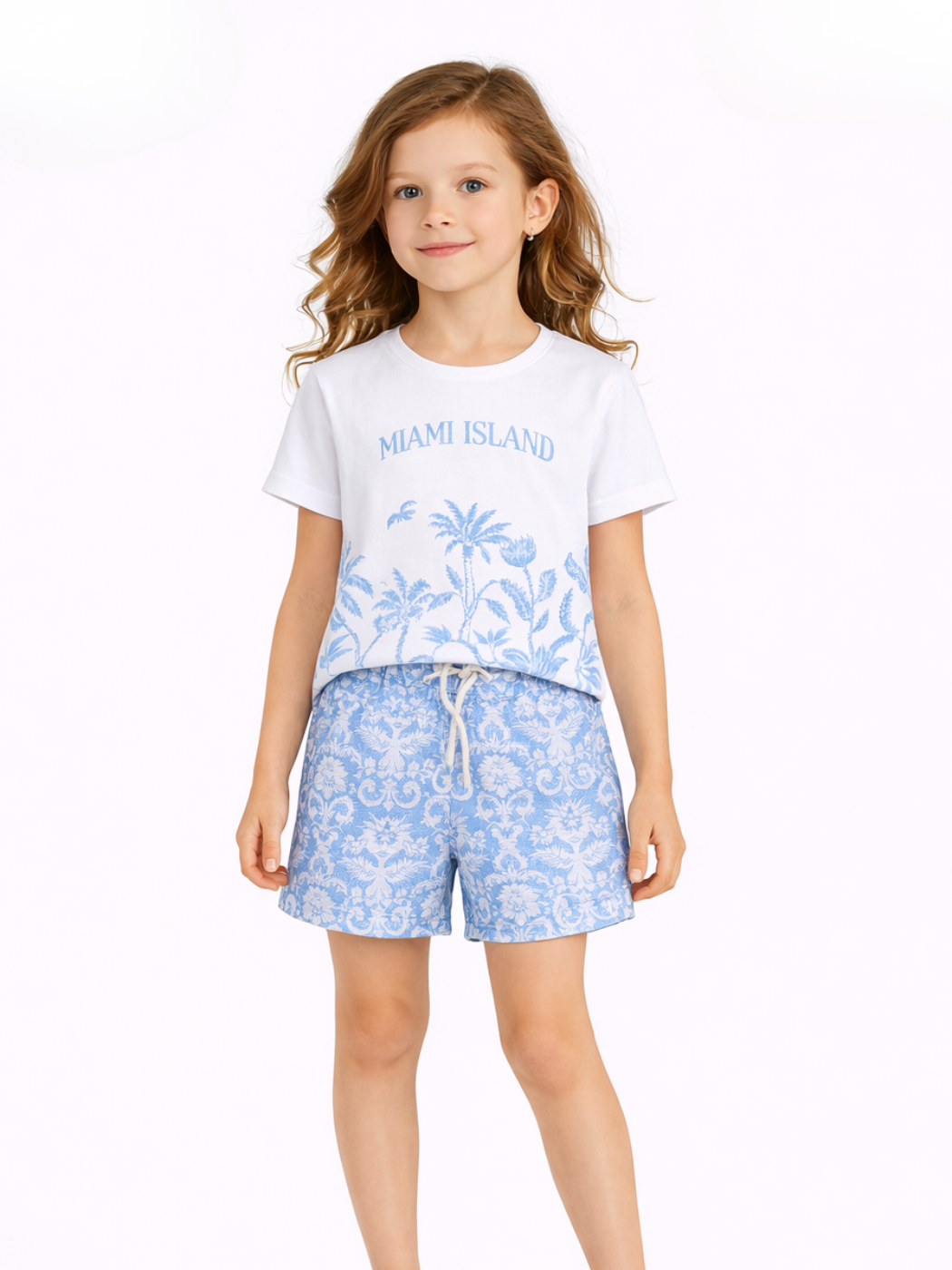 Çiçek Baskılı Mavi Şort & T-shirt Takım - Casabony Kids