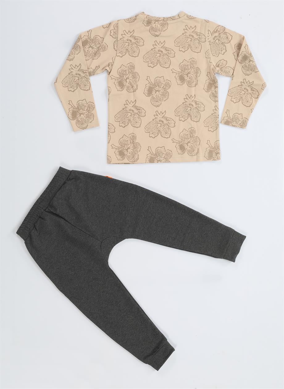 Cs Bej Yaprak Desenli Baggy PantolonTakım - Casabony Kids