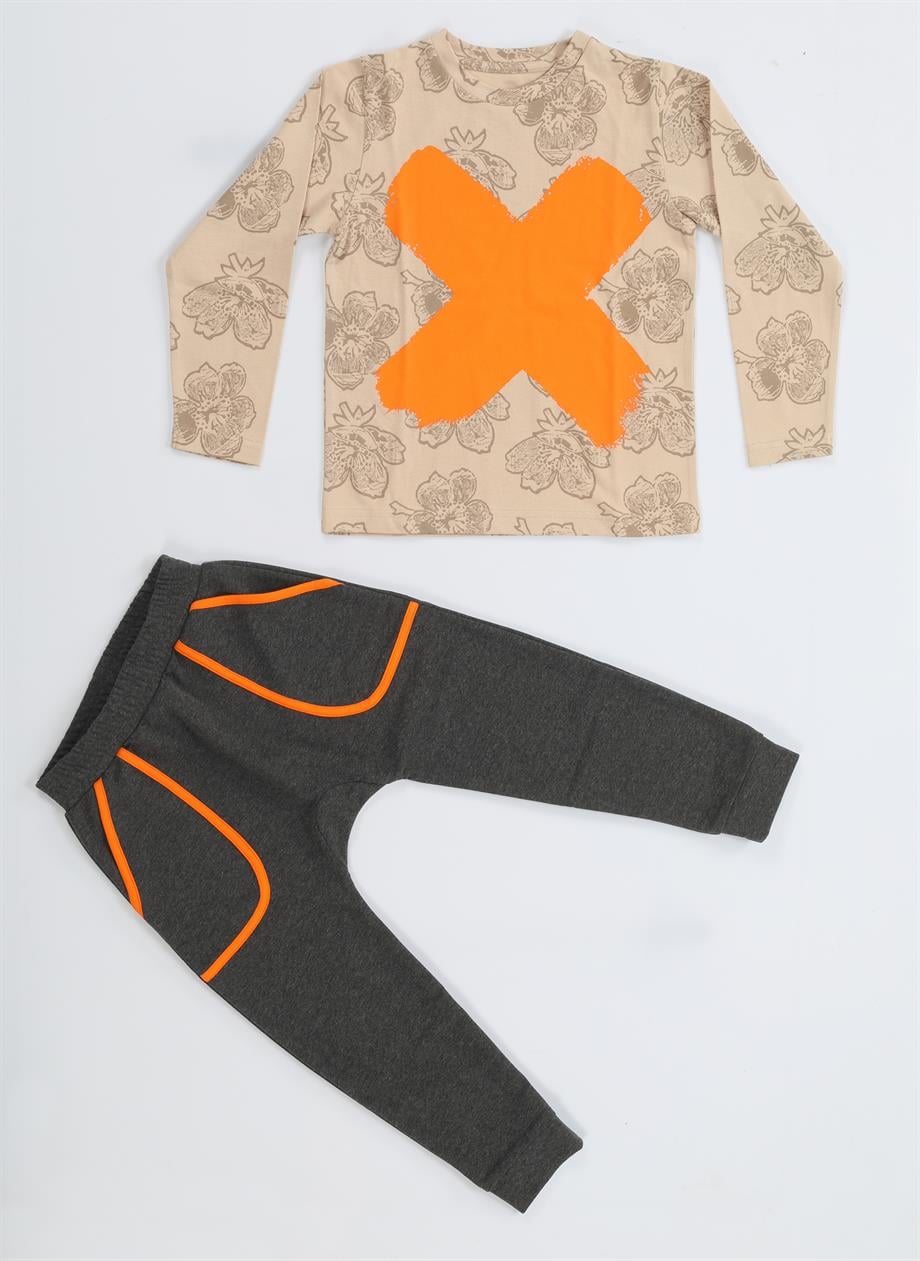 Cs Bej Yaprak Desenli Baggy PantolonTakım - Casabony Kids