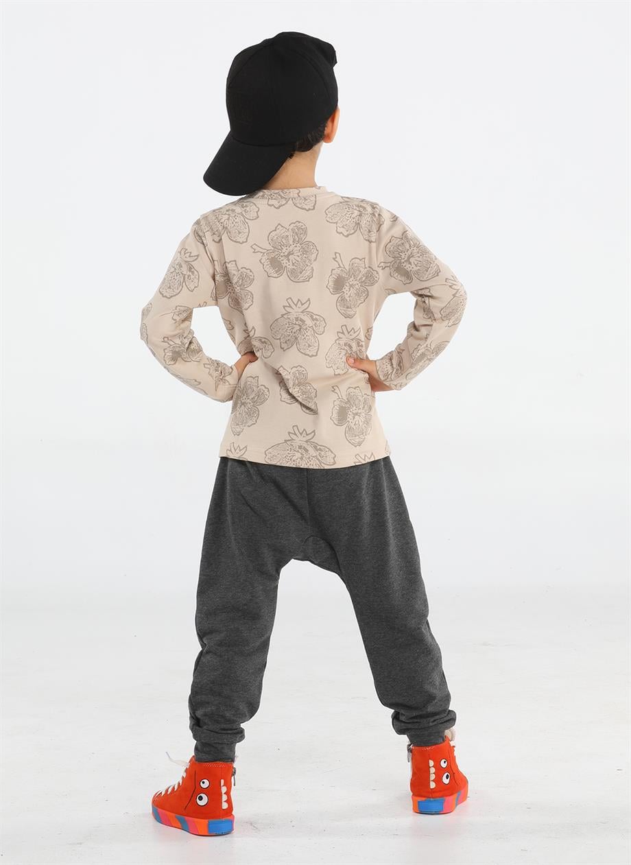 Cs Bej Yaprak Desenli Baggy PantolonTakım - Casabony Kids