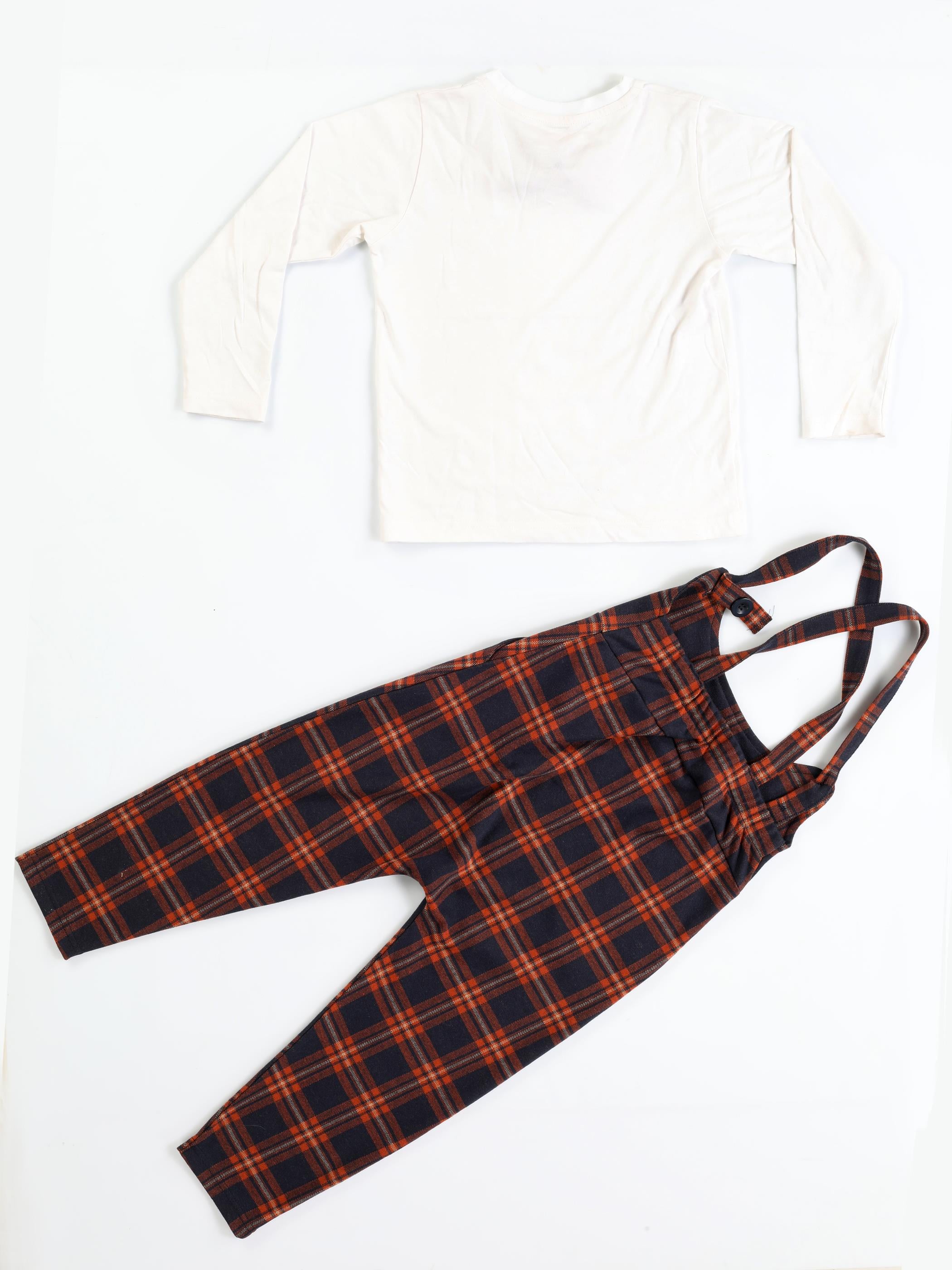 Ekose Askılı Erkek Çocuk Baggy Tulum + Papyonlu T-shirt - Casabony Kids