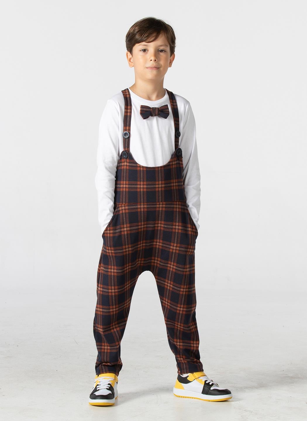 Ekose Askılı Erkek Çocuk Baggy Tulum + Papyonlu T-shirt - Casabony Kids
