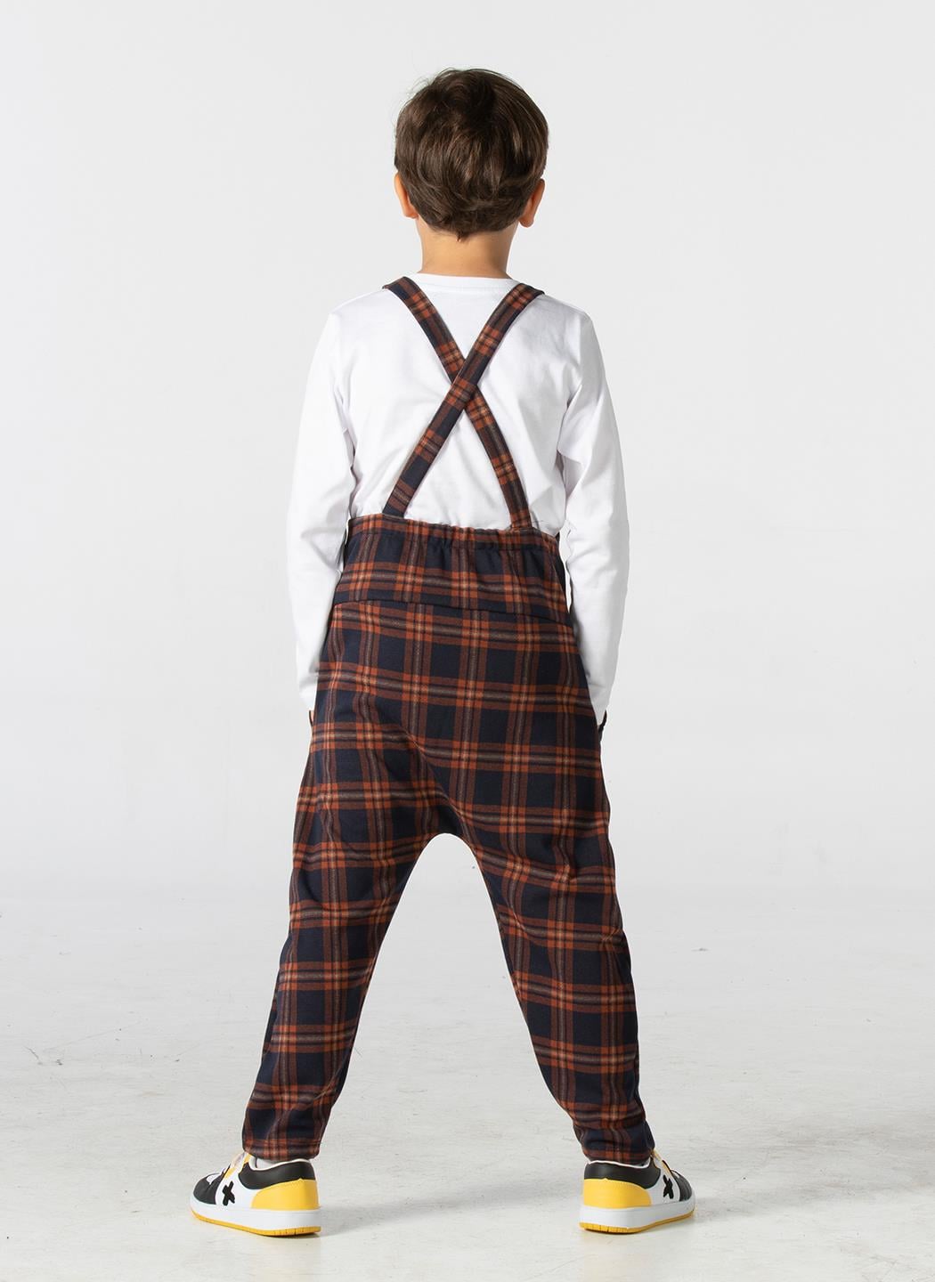 Ekose Askılı Erkek Çocuk Baggy Tulum + Papyonlu T-shirt - Casabony Kids