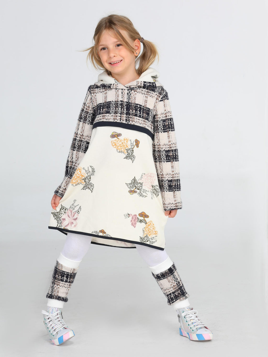 Ekose Baskılı Hoodie Kız Elbise + Tozluk Takım - Casabony Kids