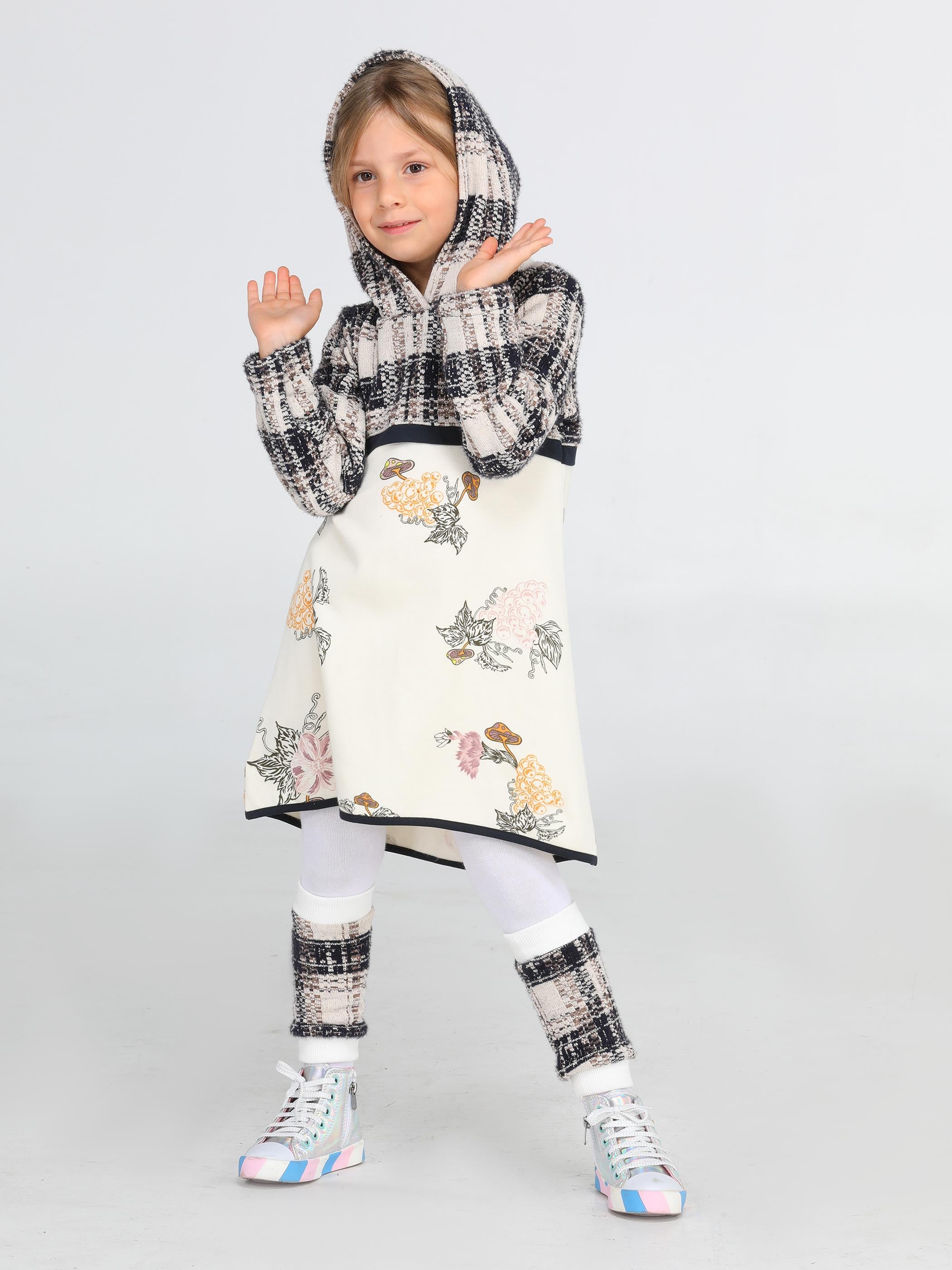 Ekose Baskılı Hoodie Kız Elbise + Tozluk Takım - Casabony Kids