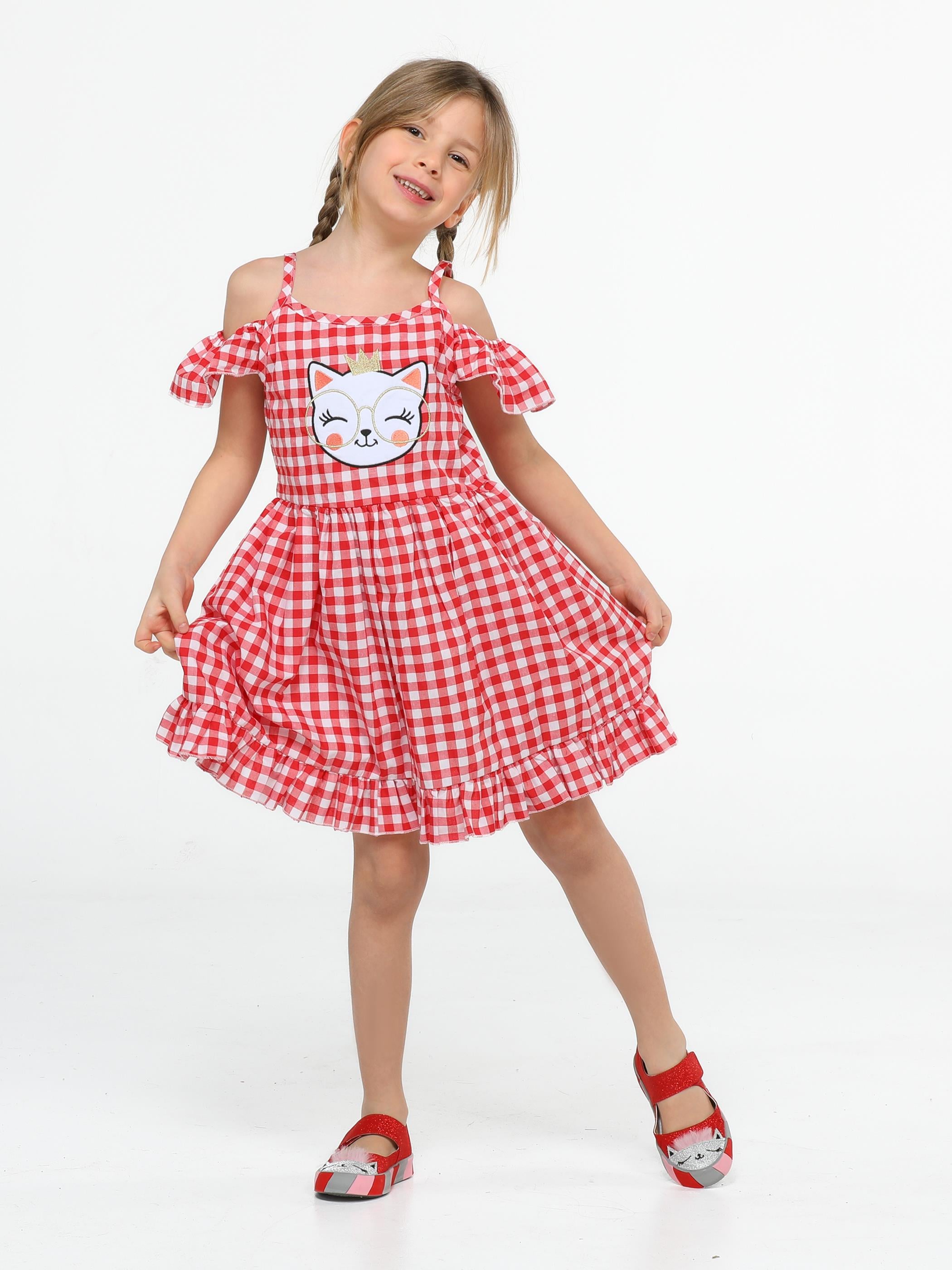 Ekose Kolları Fırfırlı Kız Çocuk Elbise - Casabony Kids