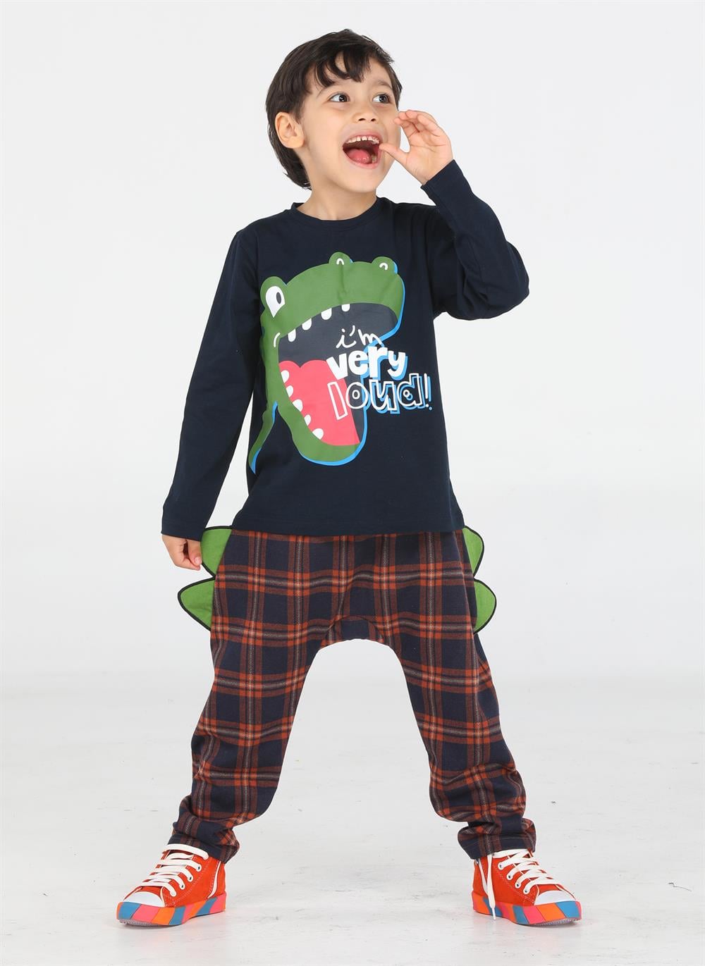 Ekose Muzip Dino Pantolon + T-shirt Takım - Casabony Kids