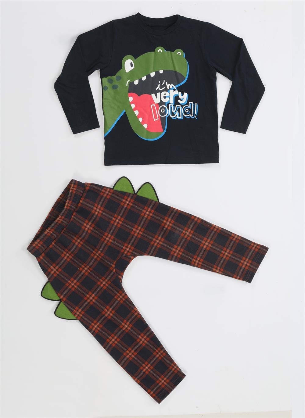 Ekose Muzip Dino Pantolon + T-shirt Takım - Casabony Kids