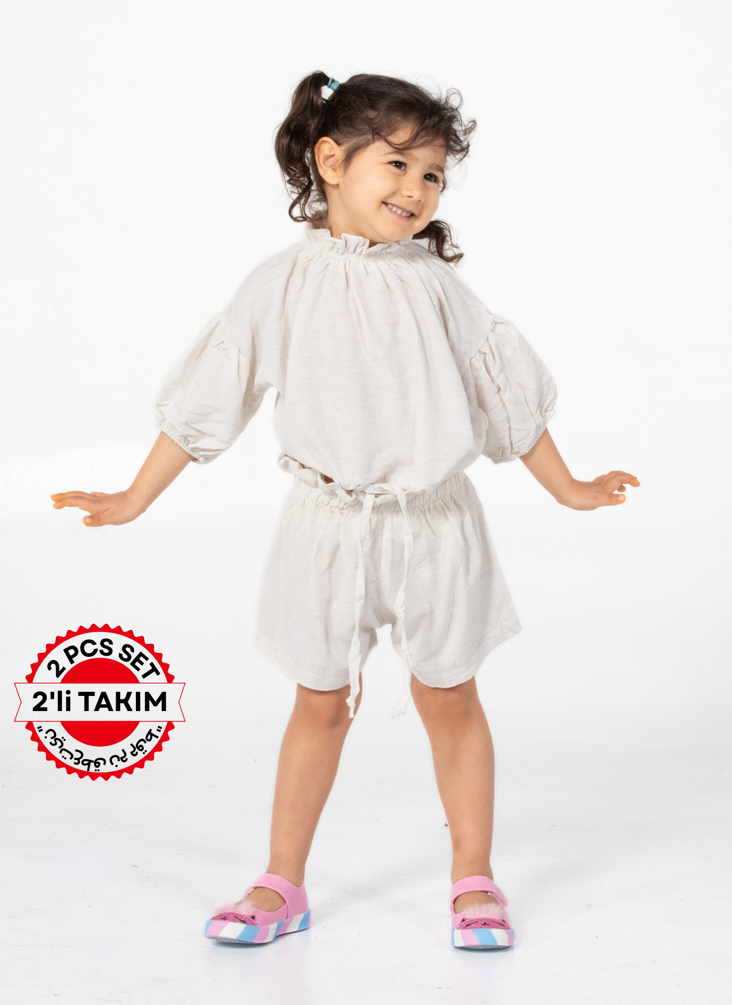 Ekru Keten Kız Şort + Tunik Takım - Casabony Kids