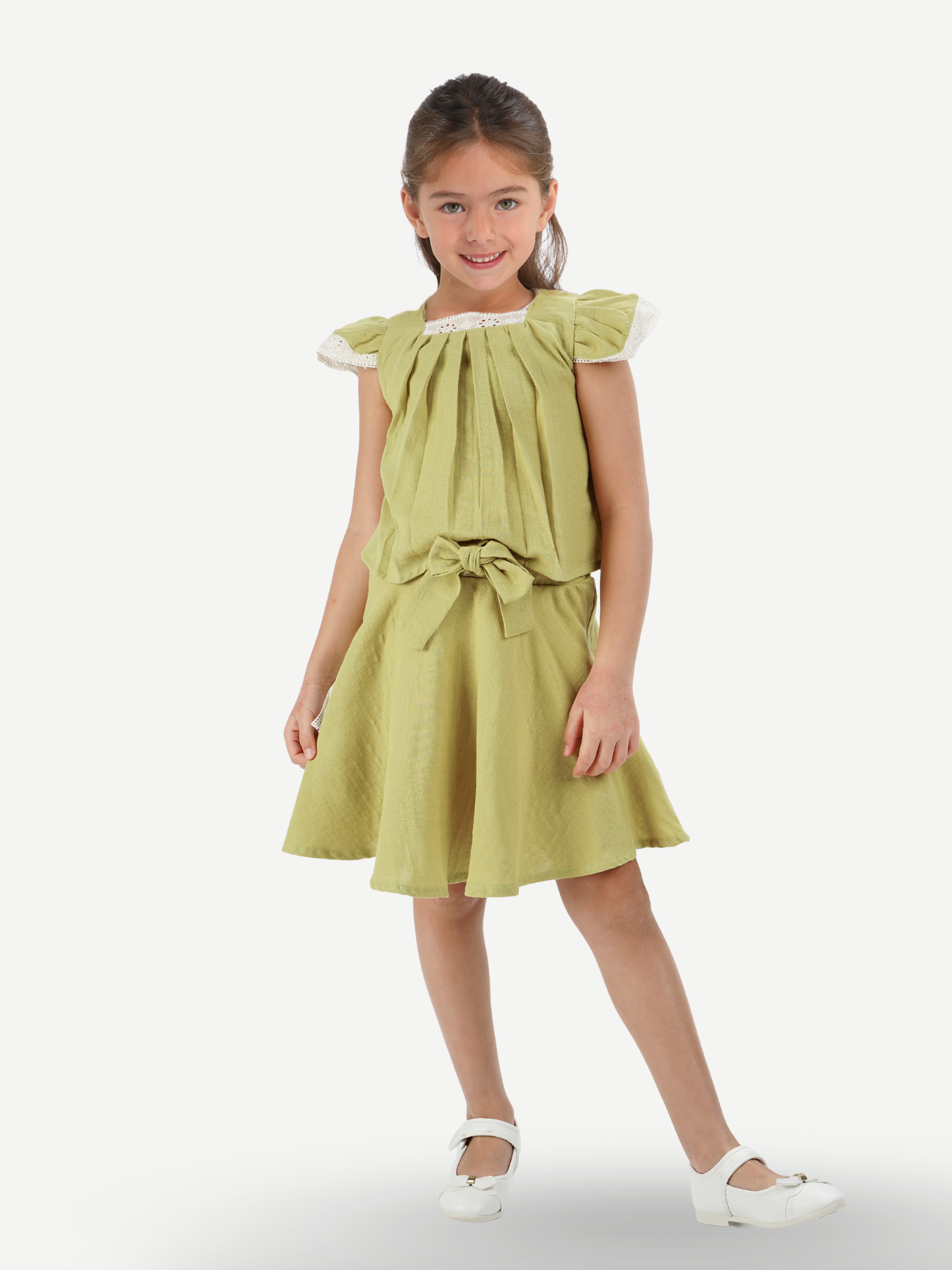 Fıstık Yeşil Muslin Dantelli Kız Çocuk Tunik + Etekli Takım - Casabony Kids