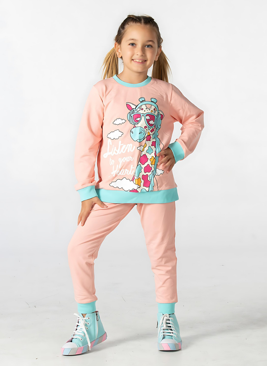 Giraffe Pembe Kalın Kız Çocuk Eşofman Takım - Casabony Kids