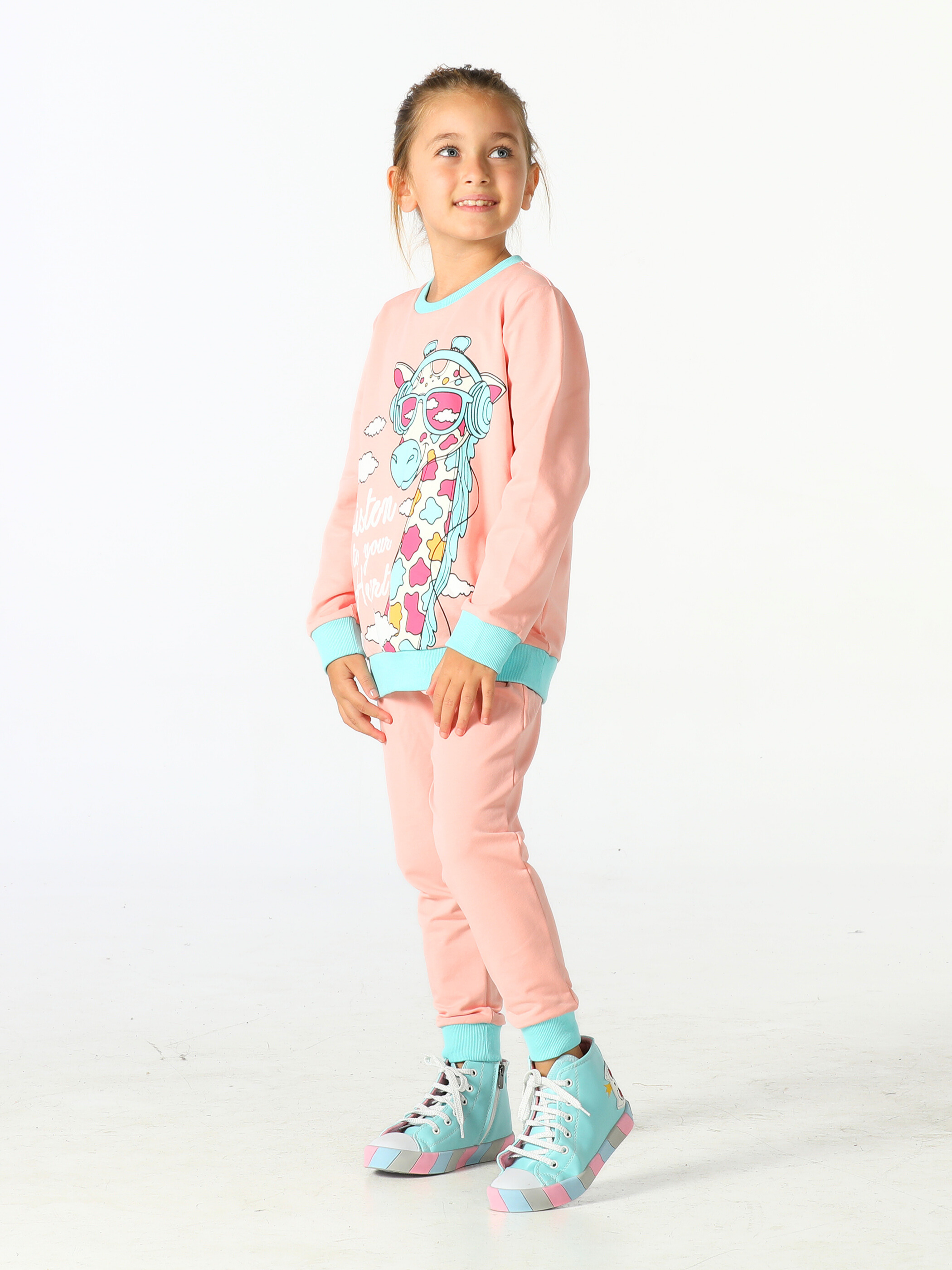 Giraffe Pembe Kalın Kız Çocuk Eşofman Takım - Casabony Kids