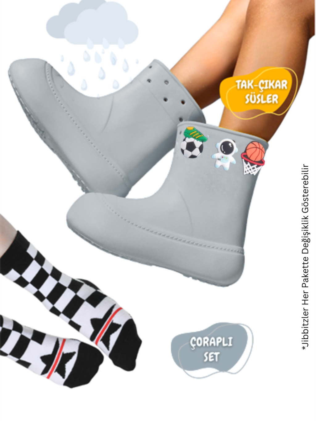 Gri Erkek Çocuk Yağmur Botu & Çorap Set - Casabony Kids