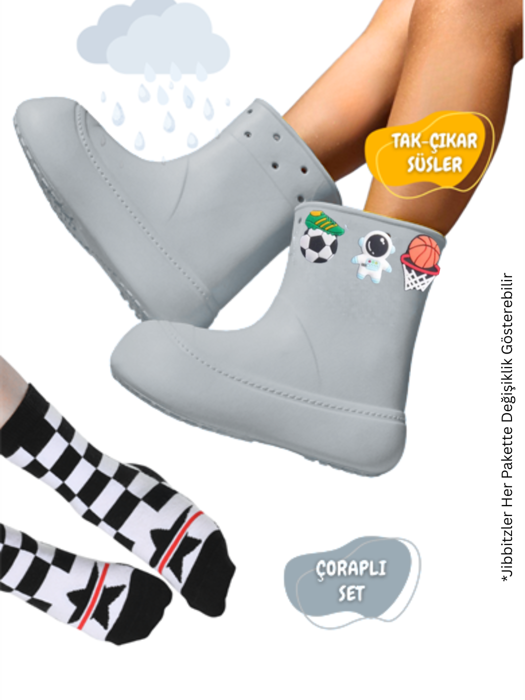 Gri Erkek Çocuk Yağmur Botu & Çorap Set - Casabony Kids