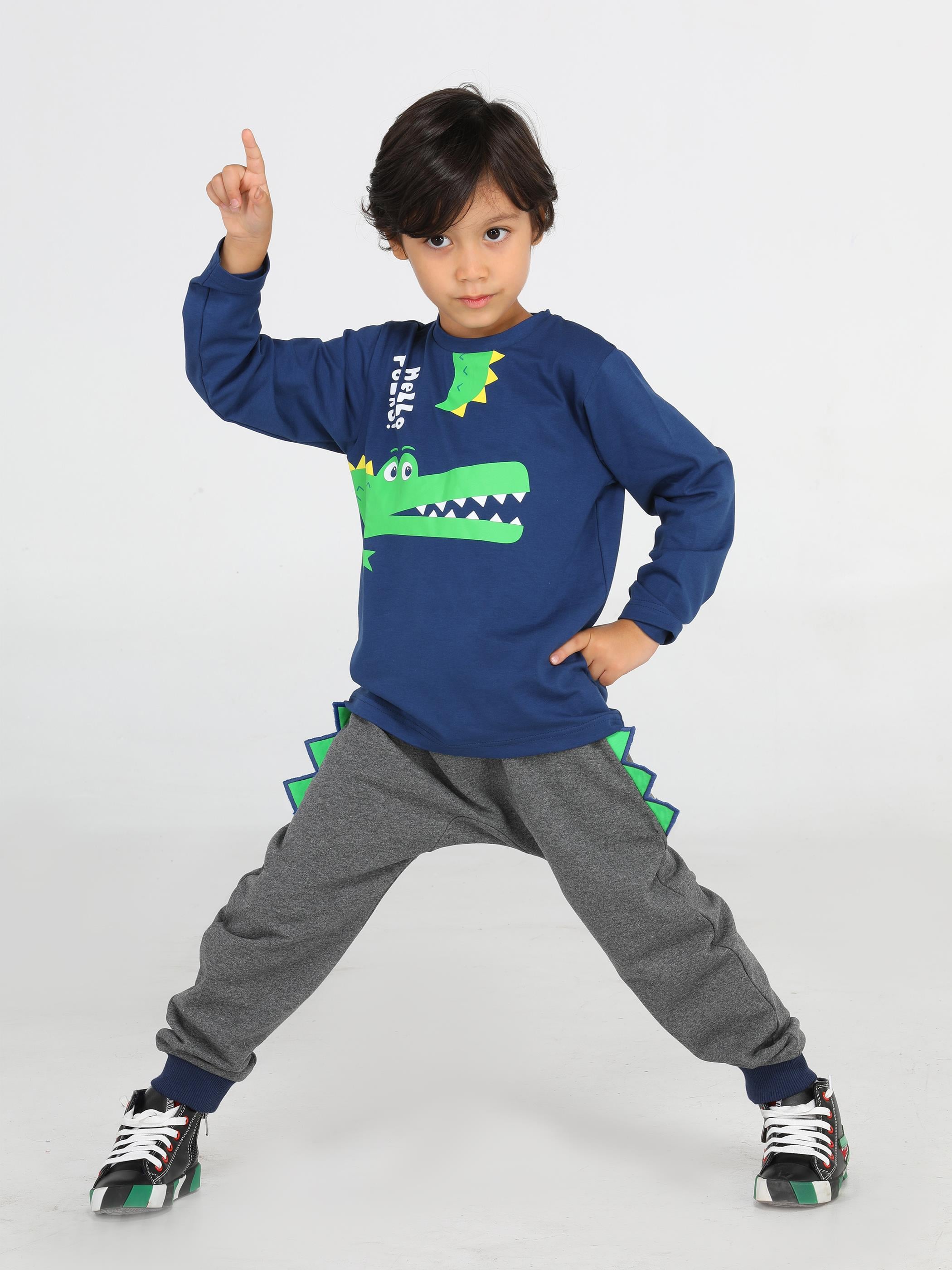 Hello Timsah Tırtırlı Baggy Pantolon + T-shirt Takım - Casabony Kids