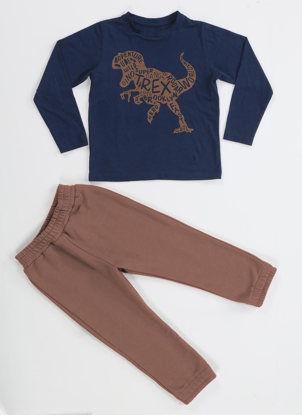 Kahve Yazılı Dino Jogger Pantolon + Tshirt Takım - Casabony Kids