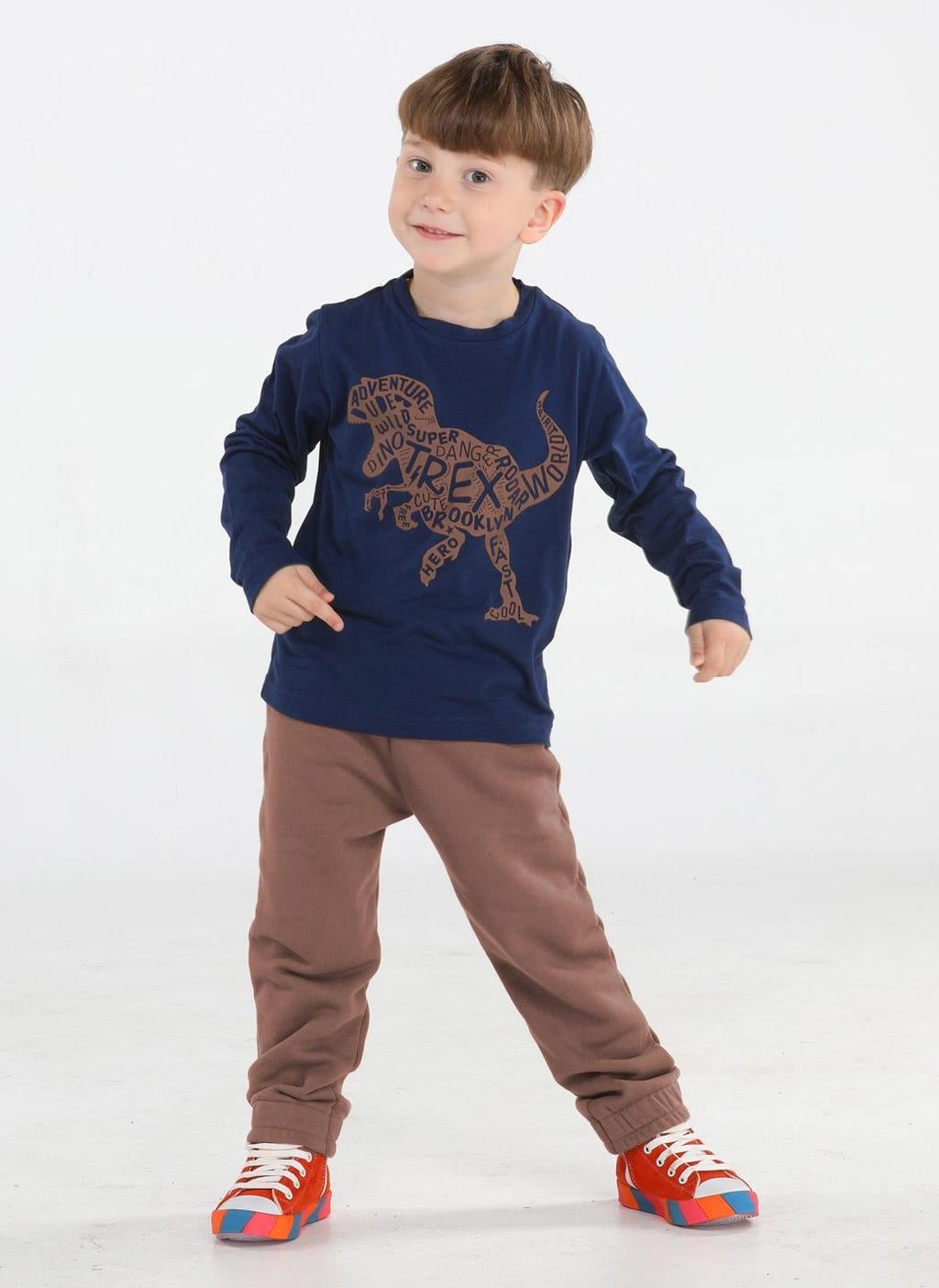 Kahve Yazılı Dino Jogger Pantolon + Tshirt Takım - Casabony Kids