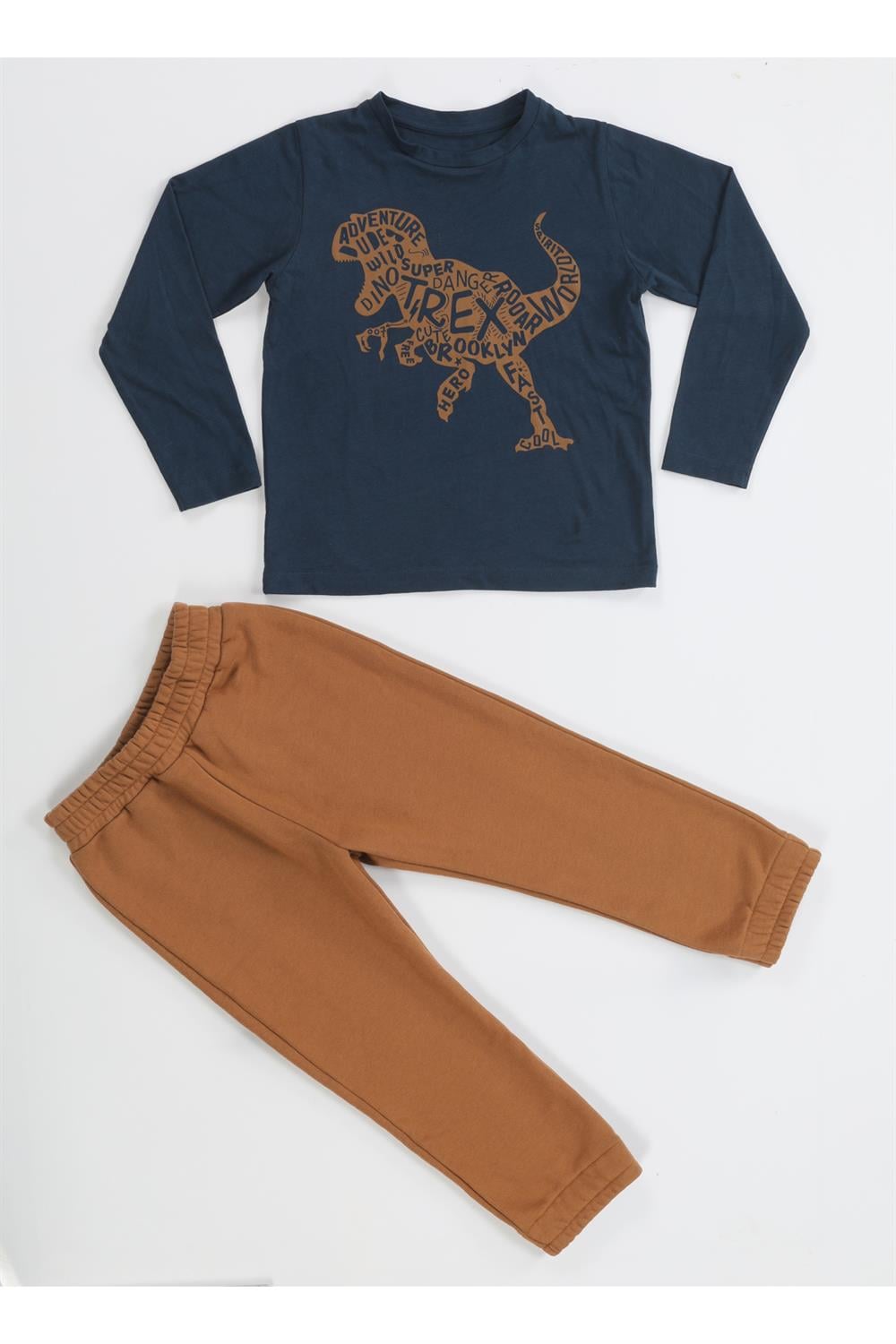Kahve Yazılı Dino Jogger Pantolon + Tshirt Takım - Casabony Kids