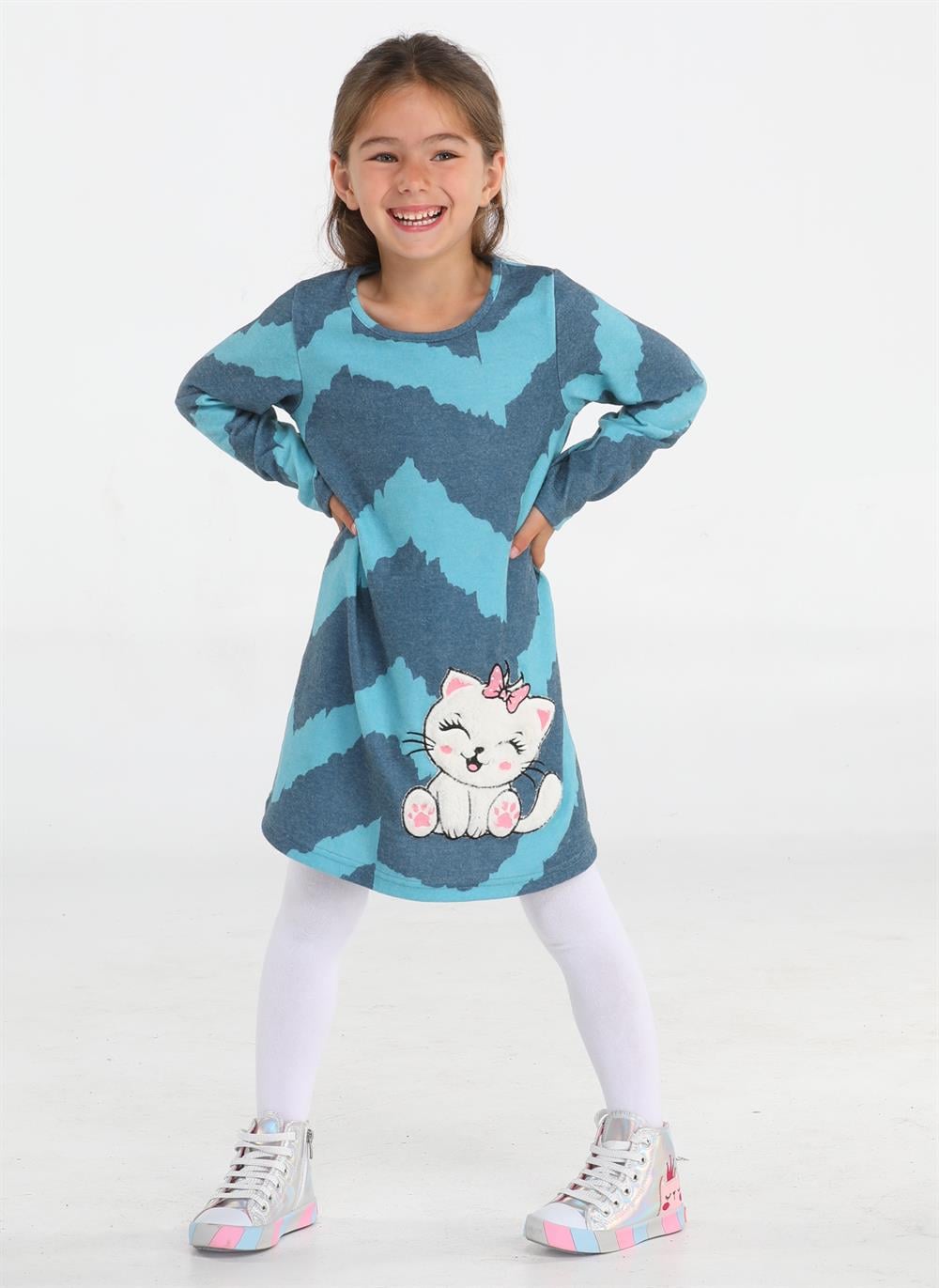 Kedi Yumoş Asimetrik Baskılı Kız Elbise - Casabony Kids