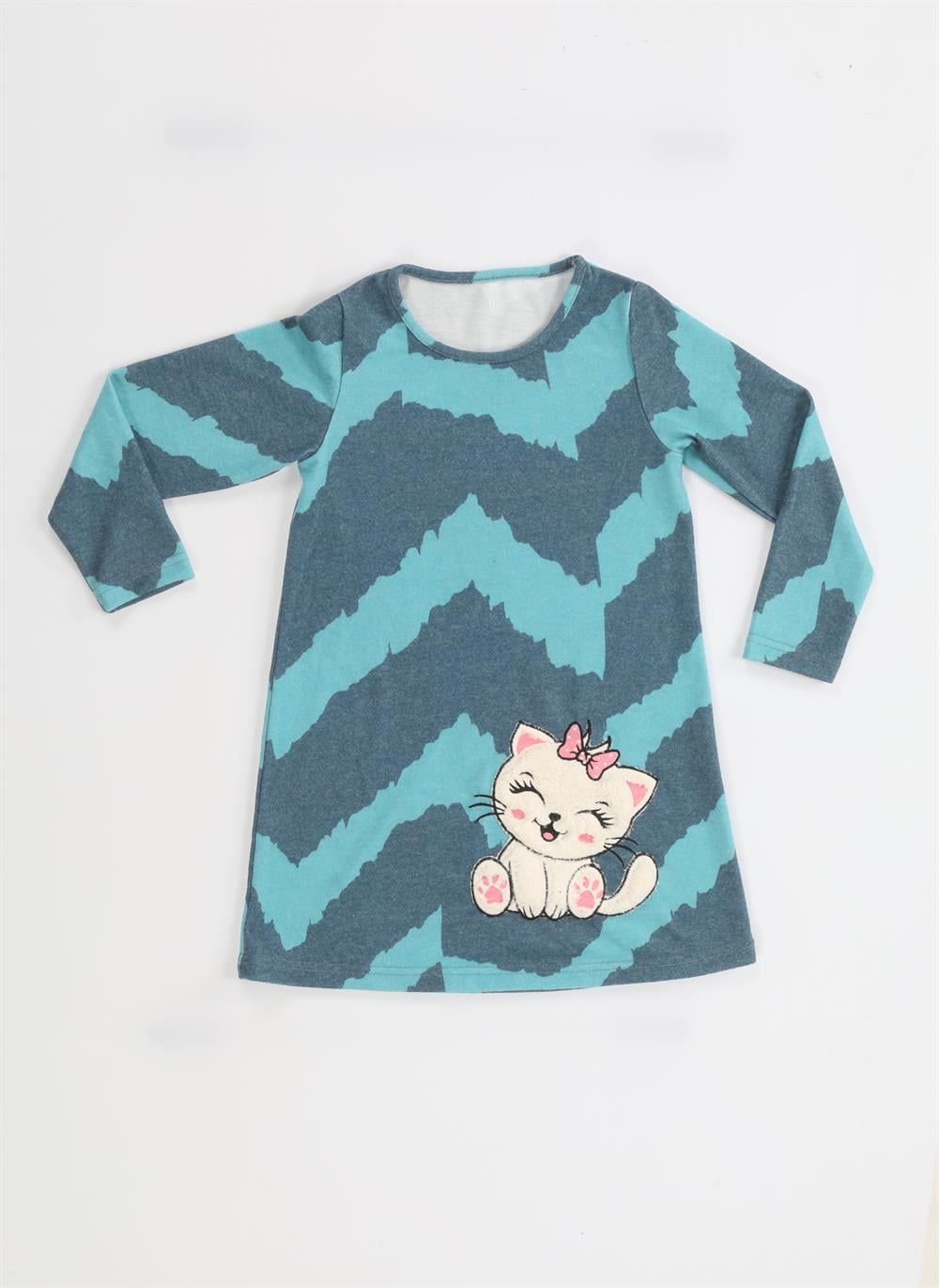Kedi Yumoş Asimetrik Baskılı Kız Elbise - Casabony Kids