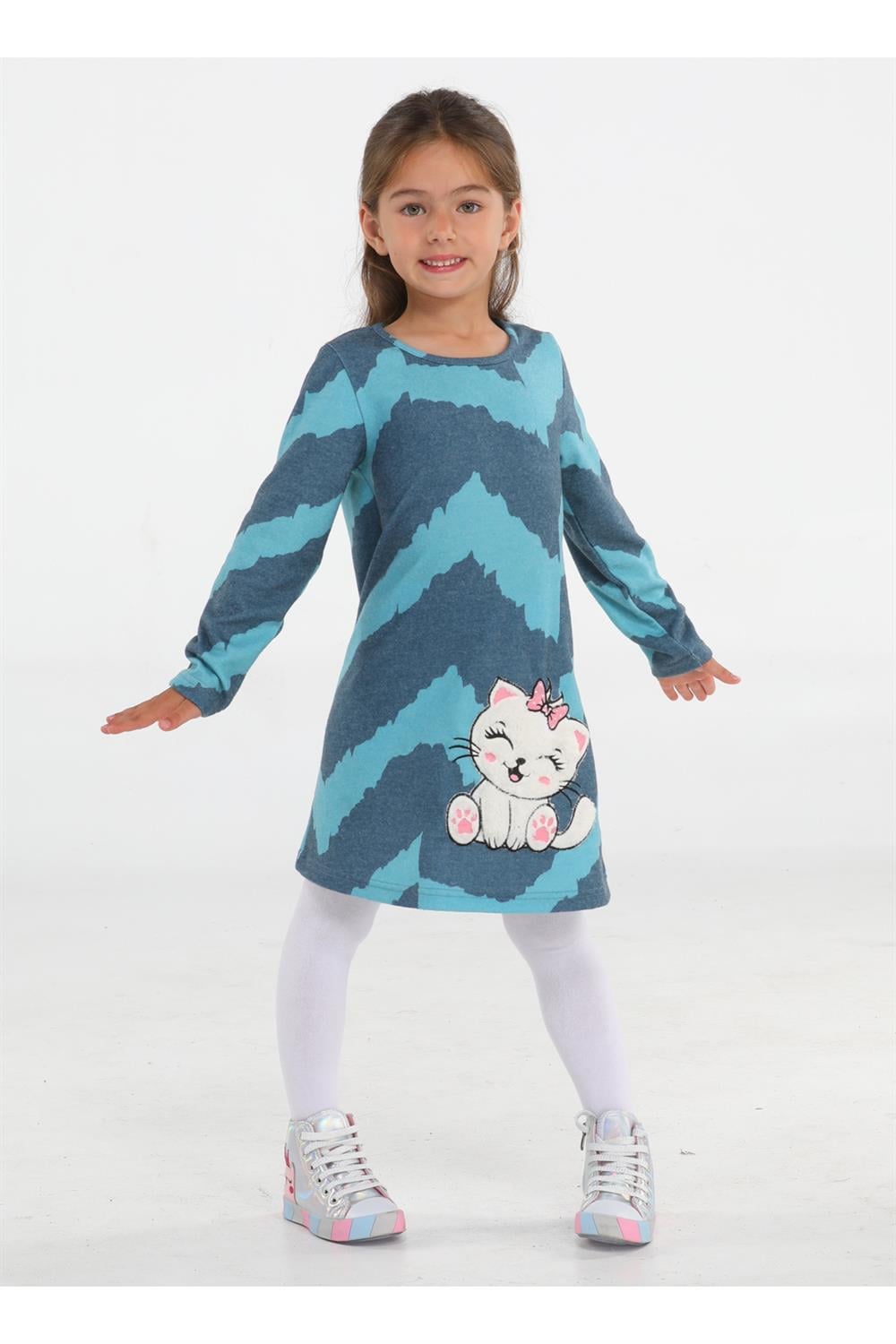 Kedi Yumoş Asimetrik Baskılı Kız Elbise - Casabony Kids
