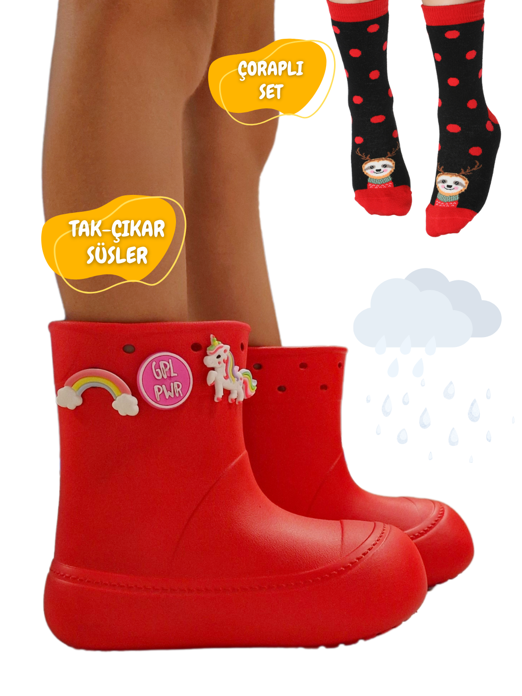 Kırmızı Yağmur Botu + Geyikli+Çorap Set - Casabony Kids