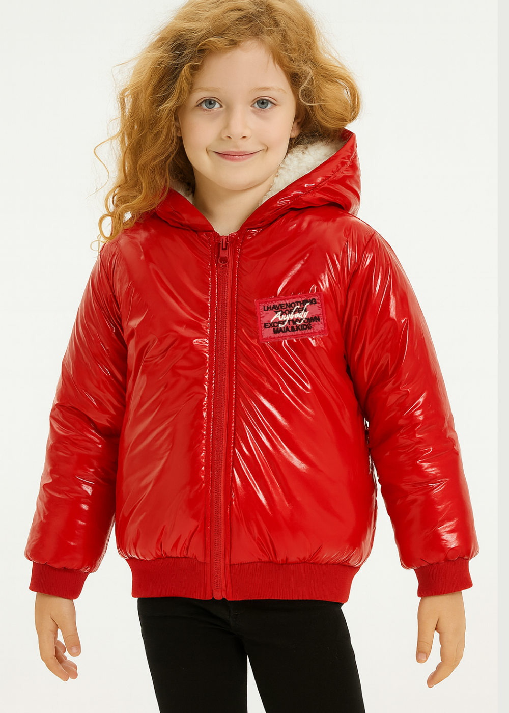 Kız Çocuk Elyaflı Kapüşonlu Kırmızı Mont - Casabony Kids