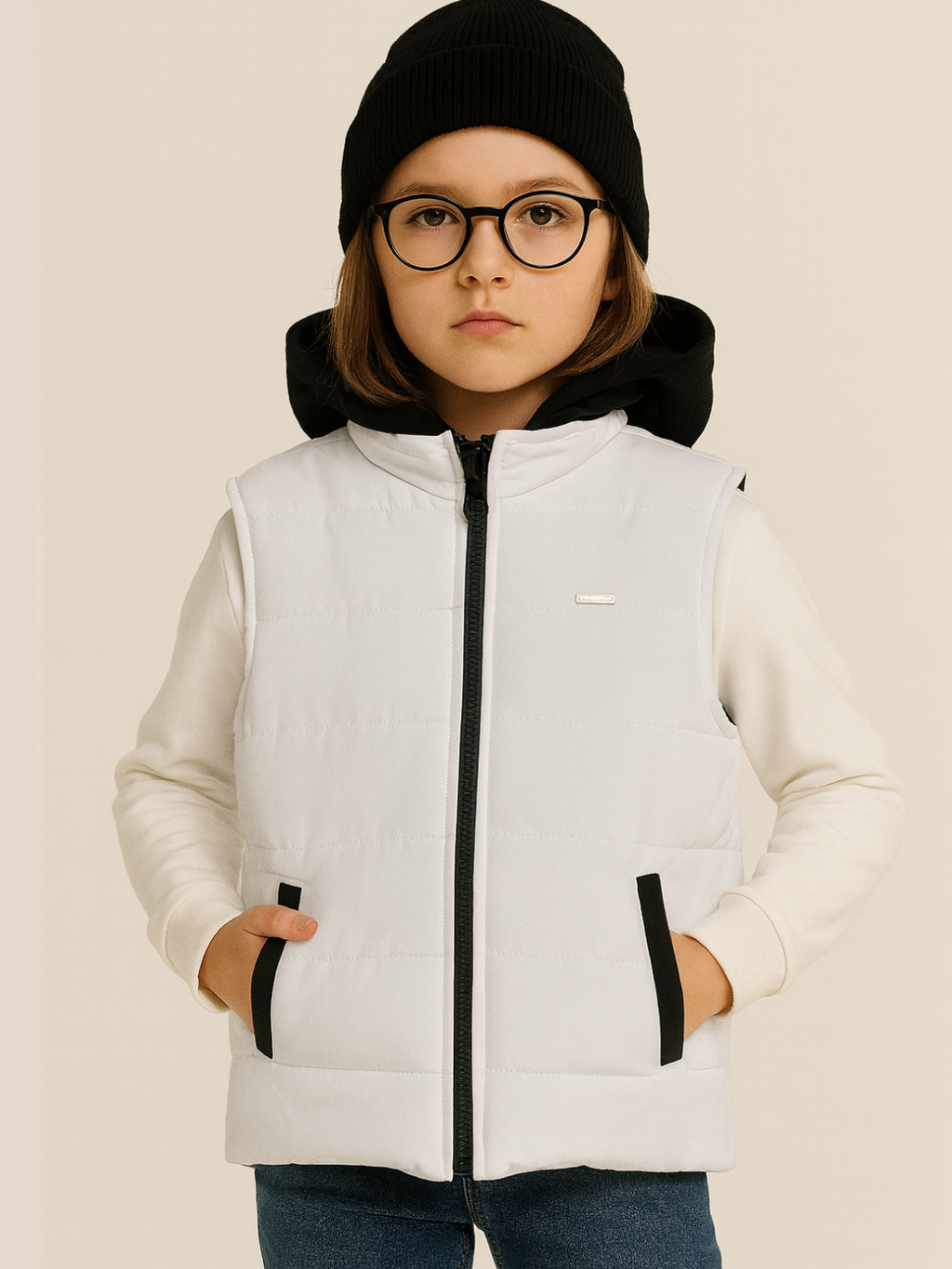 Kız Çocuk Kapüşonlu Beyaz Anorak Yelek - Casabony Kids