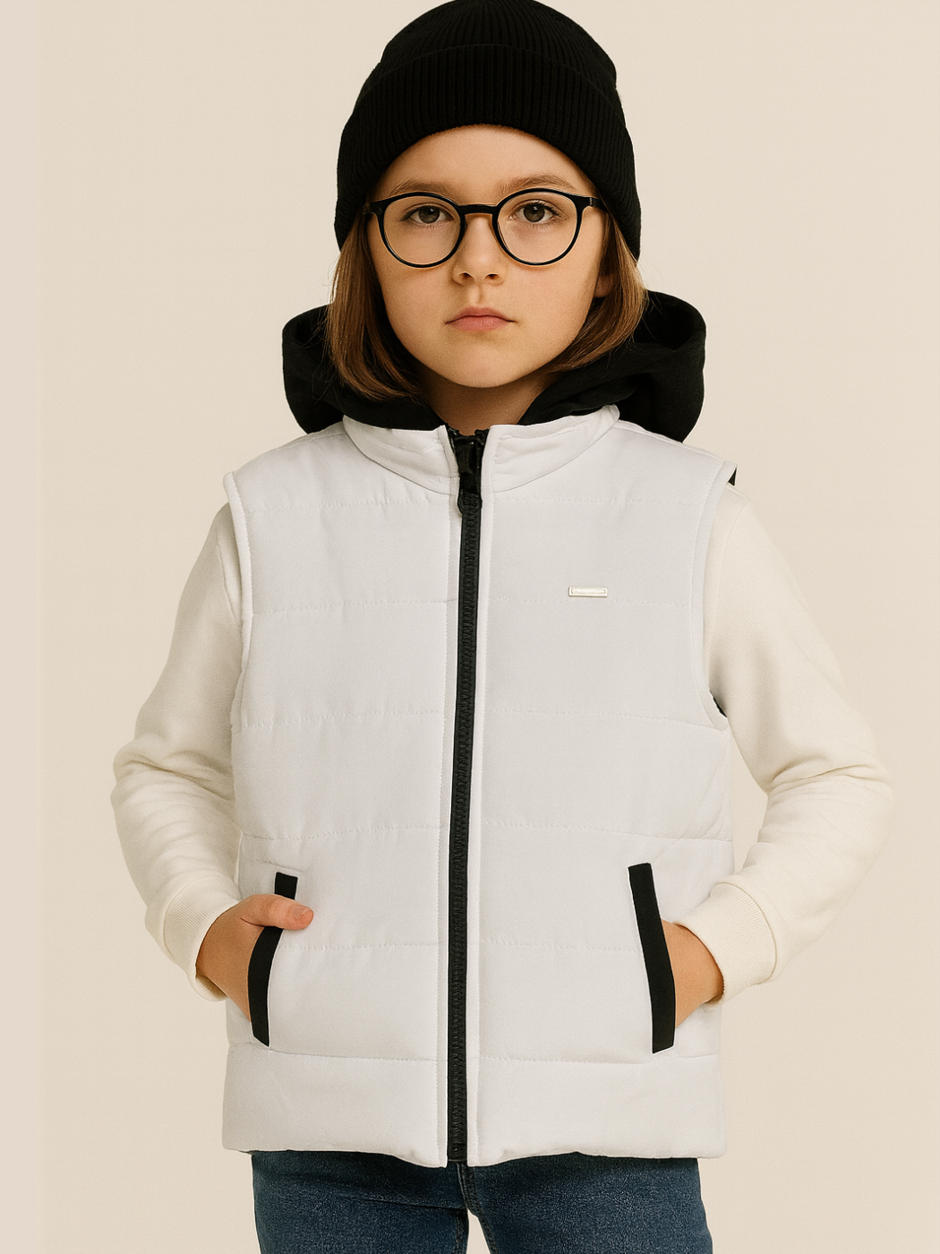 Kız Çocuk Kapüşonlu Beyaz Anorak Yelek - Casabony Kids