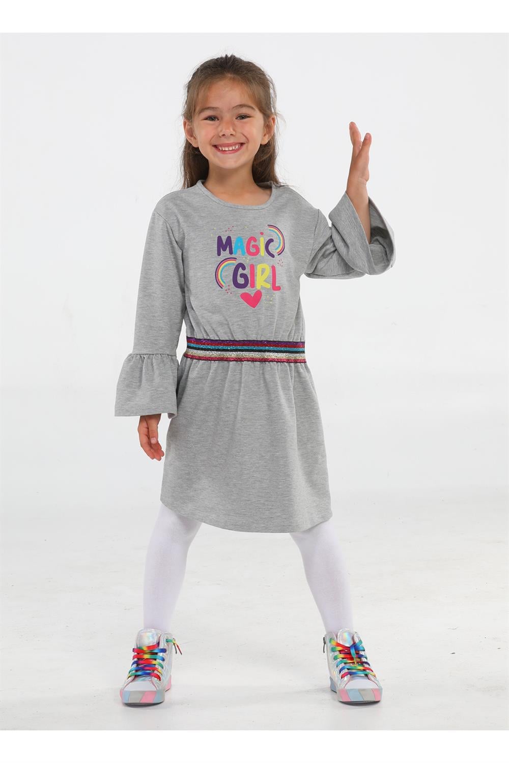 Magic Girl Gri Örme Kız Elbise - Casabony Kids