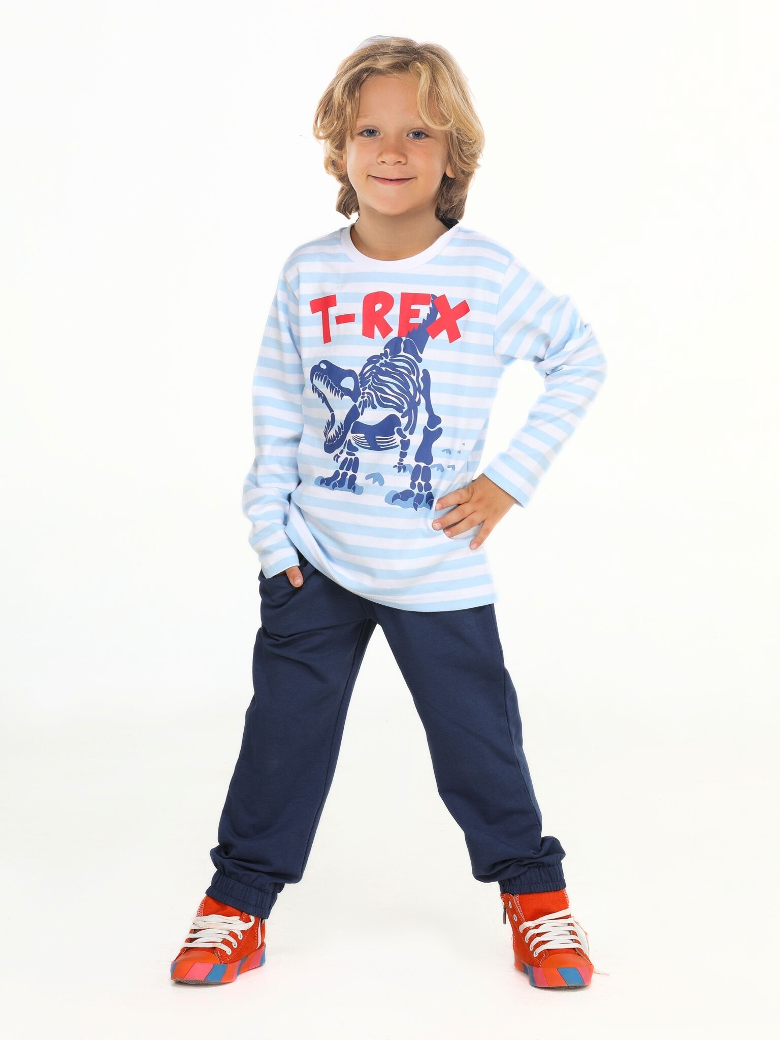 Mavi Çizgili T-rex Erkek Çocuk Pantolon Takım - Casabony Kids