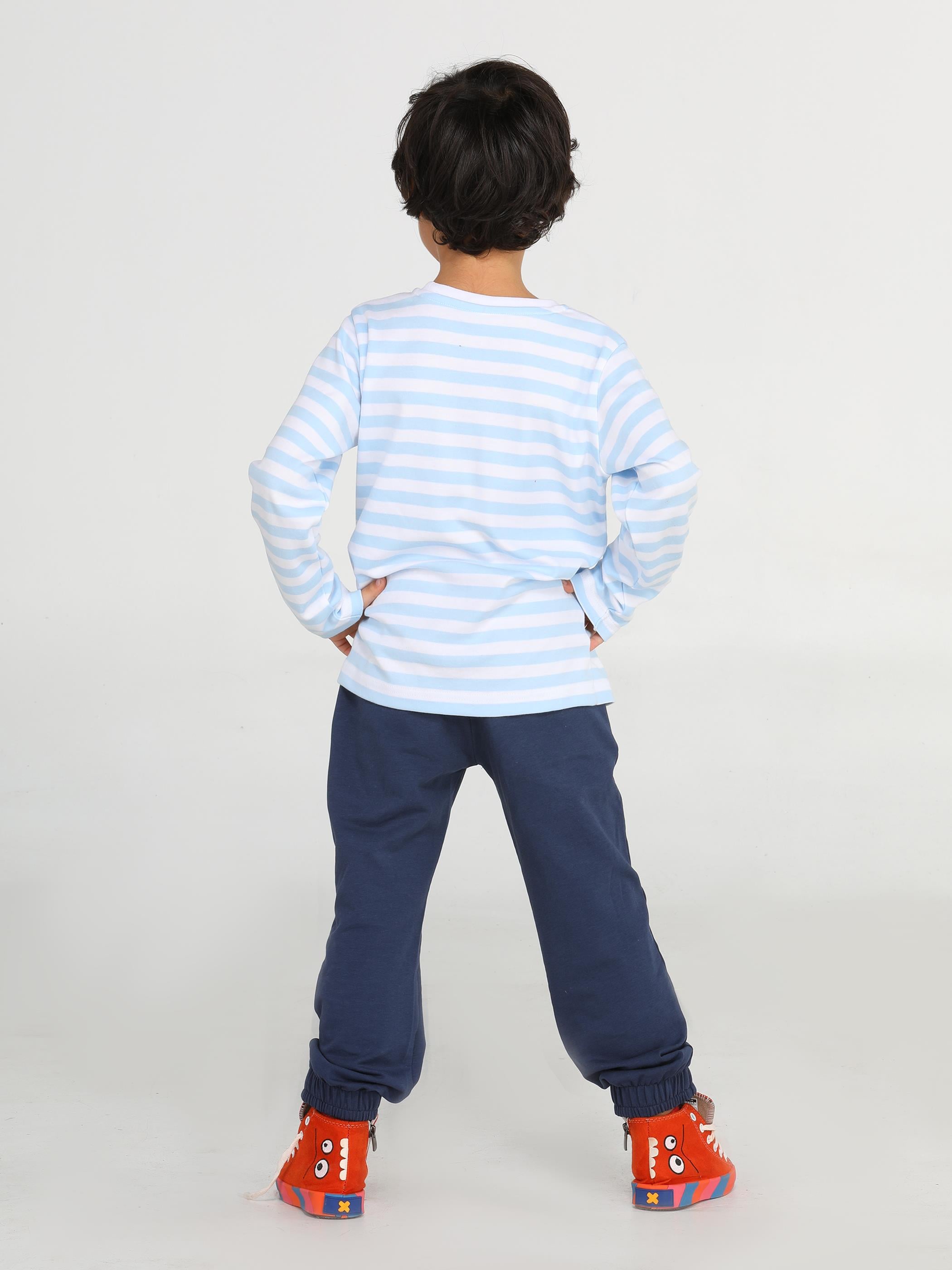 Mavi Çizgili T-rex Erkek Çocuk Pantolon Takım - Casabony Kids