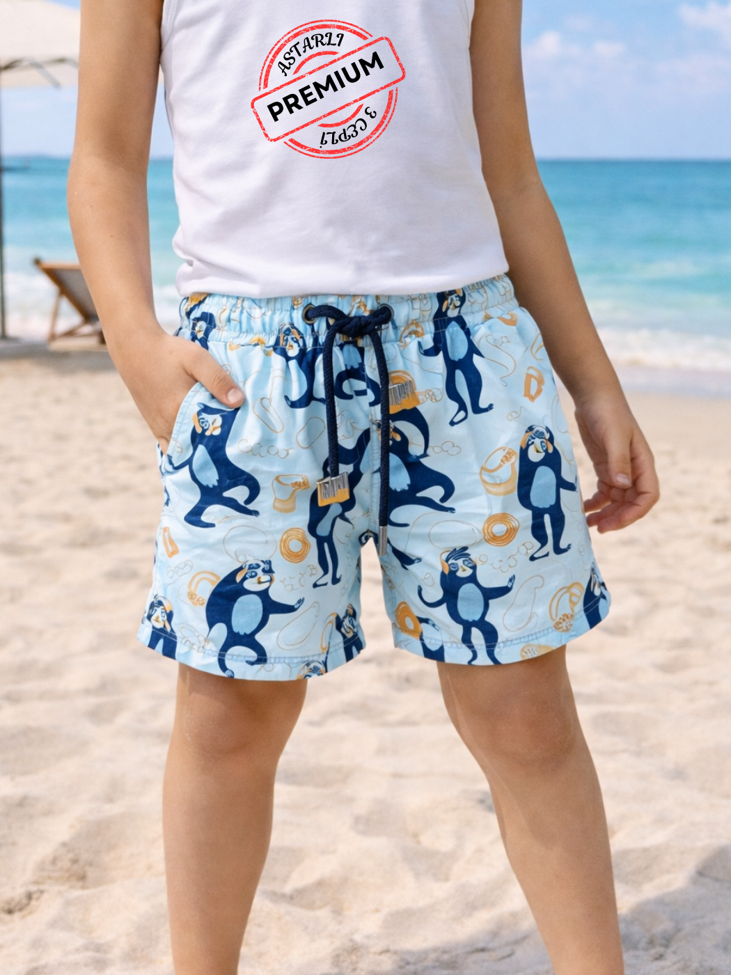 Sloth Mavi Desenli Erkek Çocuk Deniz Şort - Casabony Kids