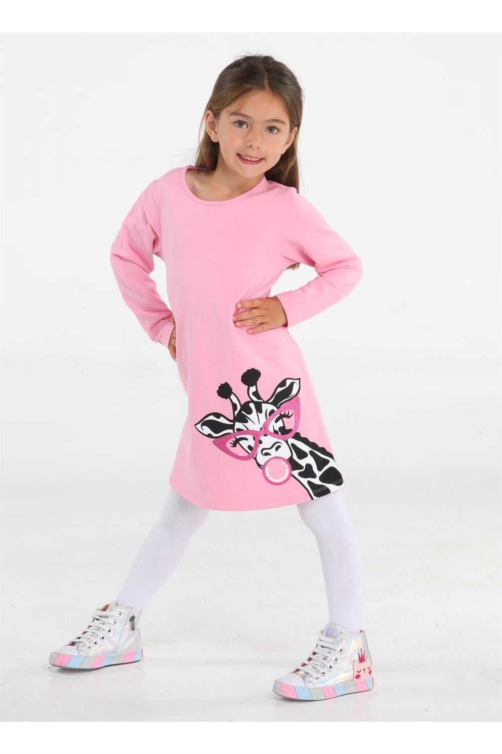Muzip Zürafa Kız Çocuk Pembe Elbise - Casabony Kids