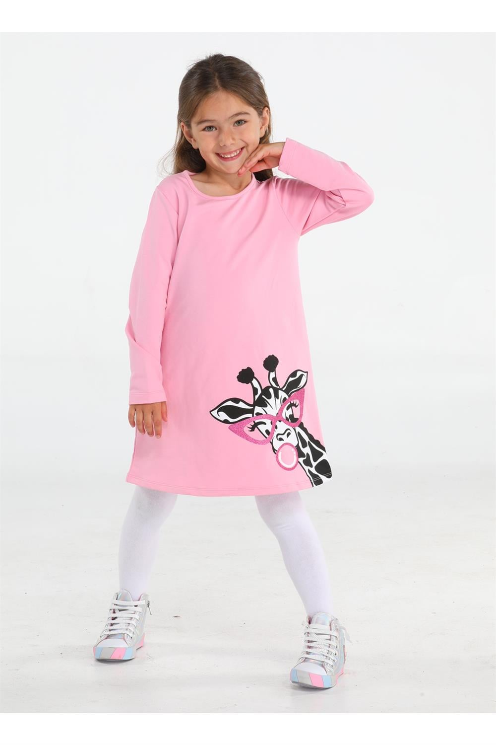 Muzip Zürafa Kız Çocuk Pembe Elbise - Casabony Kids