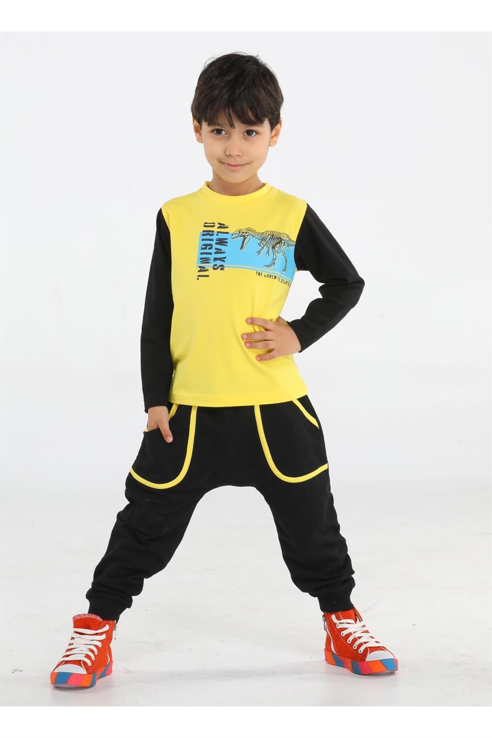 Original T-rex Sarı - Siyah Pantolon + T-shirt Takım - Casabony Kids