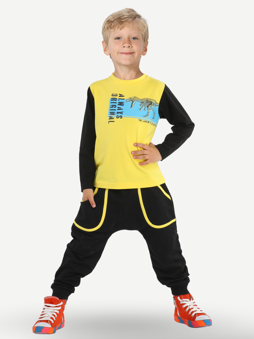 Original T-rex Sarı - Siyah Pantolon + T-shirt Takım - Casabony Kids